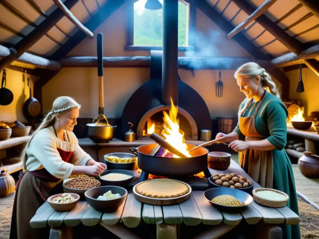 El bullicioso ambiente de una cocina vikinga antigua, donde mujeres preparan repostería nórdica con ingredientes naturales