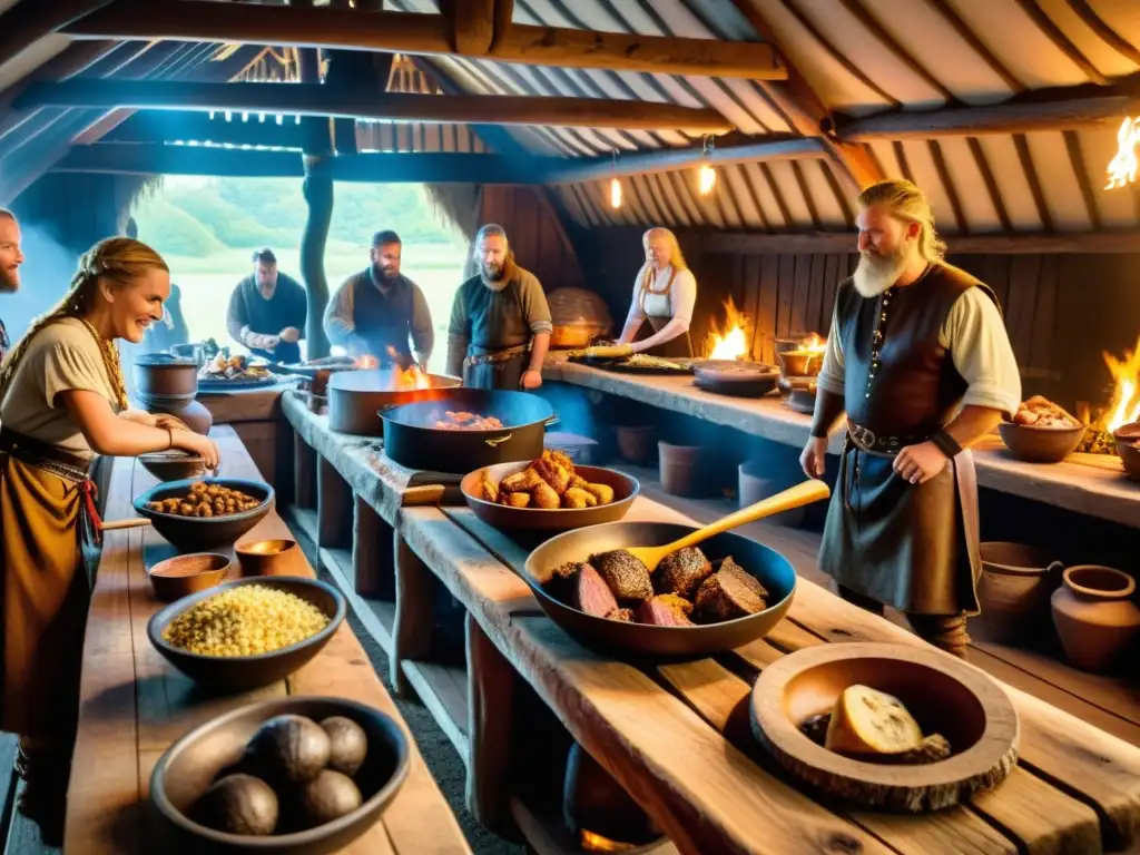 Un bullicioso festín vikingo en una cocina tradicional, influencia culinaria vikinga en Europa