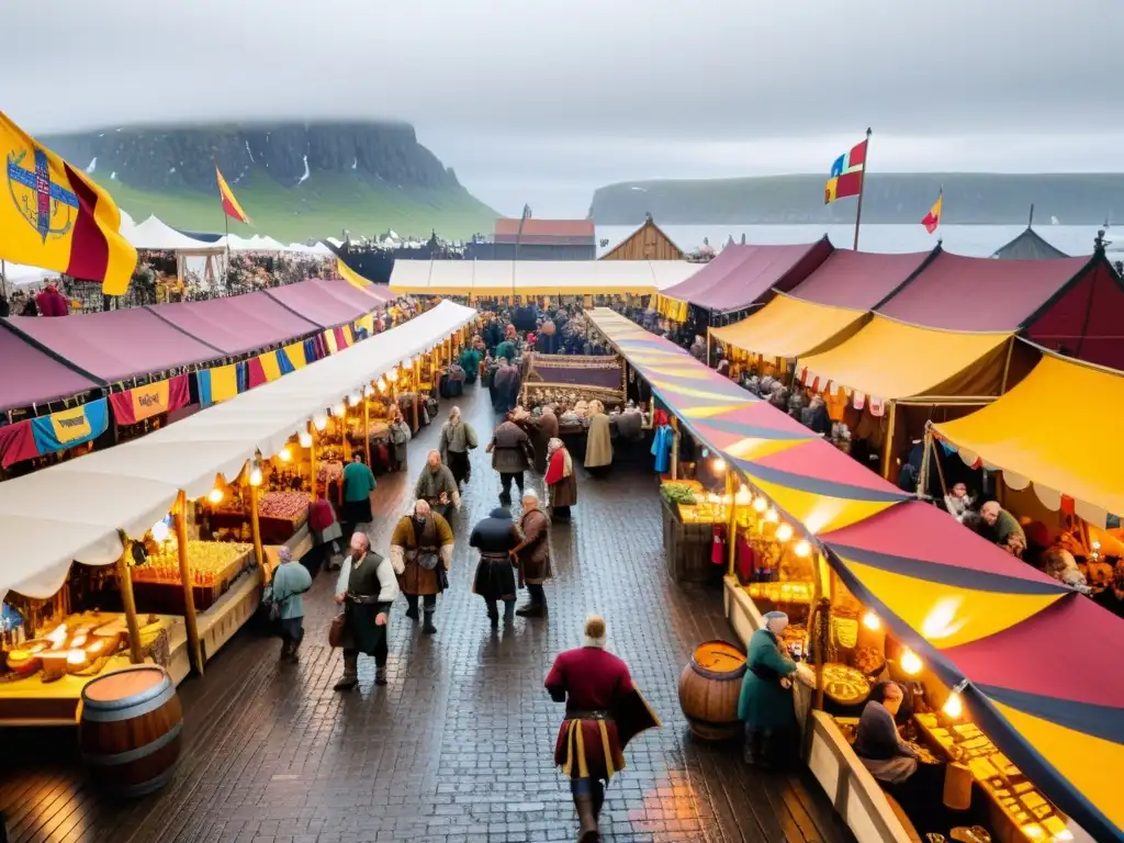 Un bullicioso mercado temático vikingo con vendedores ofreciendo bebidas vikingas