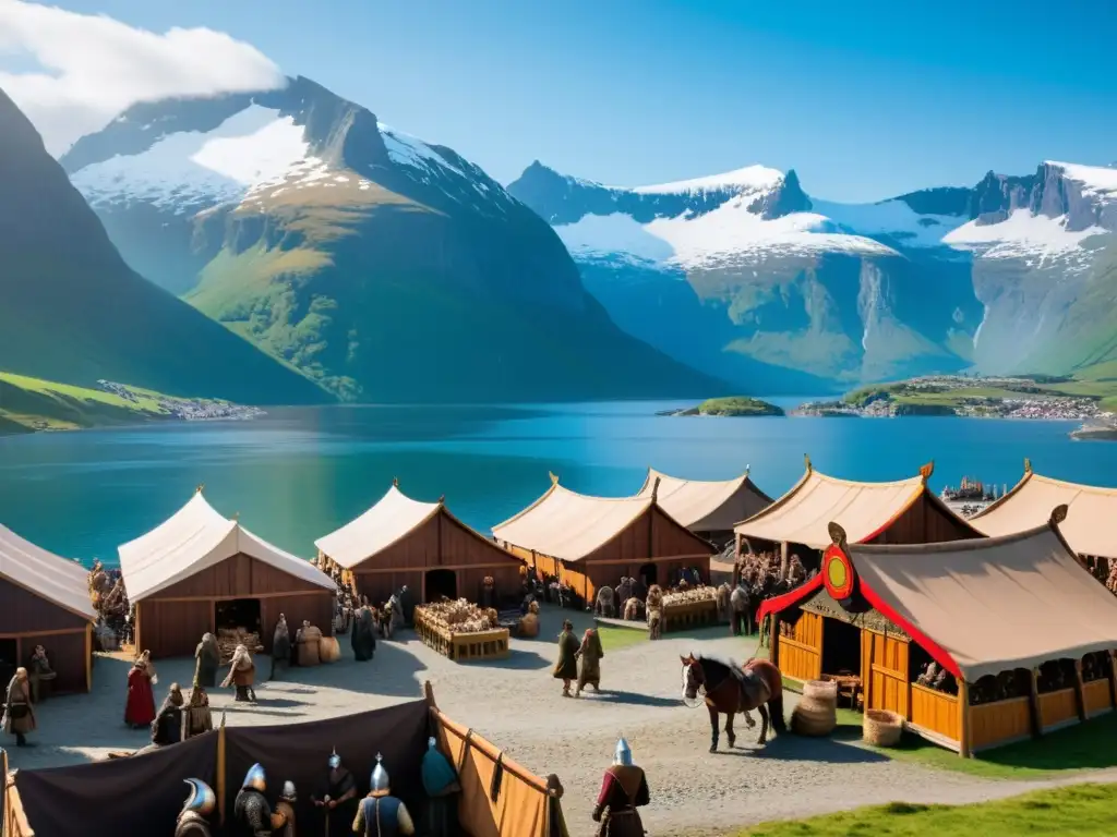 Un bullicioso mercado vikingo con comercio de caballos, traders rudos y barcos largos en un fiordo