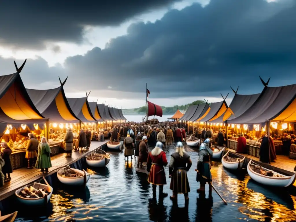 Un bullicioso mercado vikingo con guerreros, barcos y comerciantes