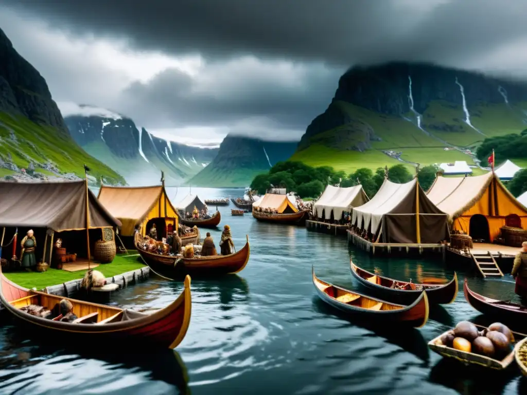 Mercado vikingo: intercambio de bienes bajo cielos tormentosos Un bullicioso mercado vikingo con intercambios de bienes mientras los barcos se alistan en el fiordo
