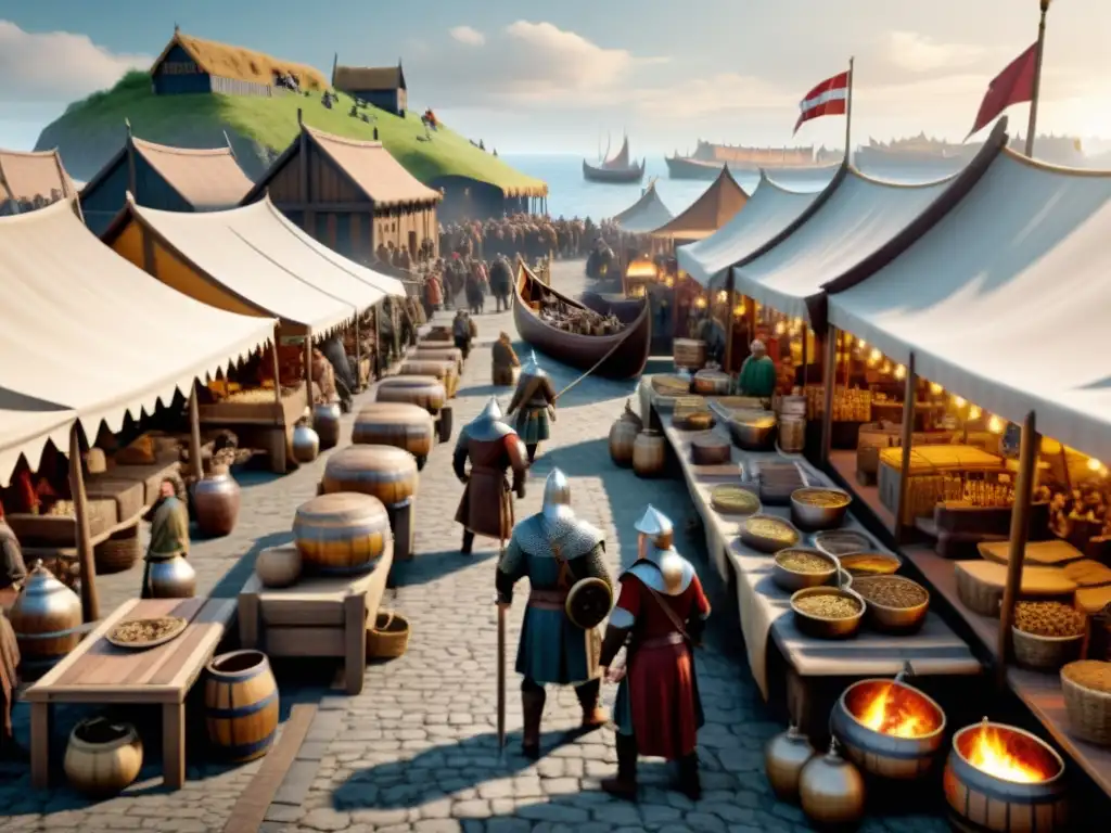 Un bullicioso mercado vikingo medieval con barcos largos y comerciantes, destacando el papel vikingo en la economía