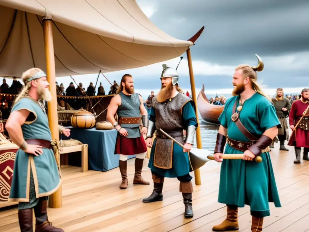 En un bullicioso mercado vikingo, reenactores muestran juegos antiguos con armas y herramientas, creando una vibrante atmósfera de turismo cultural