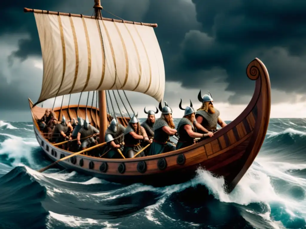 Un bullicioso navío vikingo surca aguas turbulentas con guerreros y esclavos, reflejando el duro Comercio de esclavos vikingo