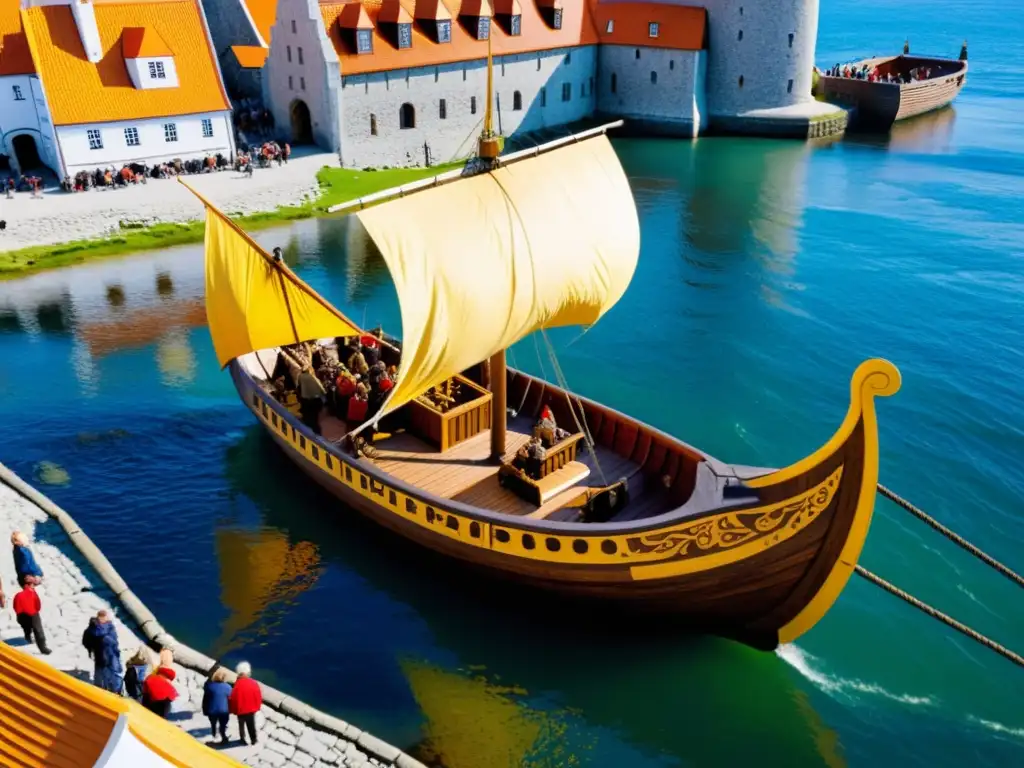 Un bullicioso puerto en Visby, Gotland: un barco vikingo adornado con velas coloridas, comerciantes y la muralla medieval