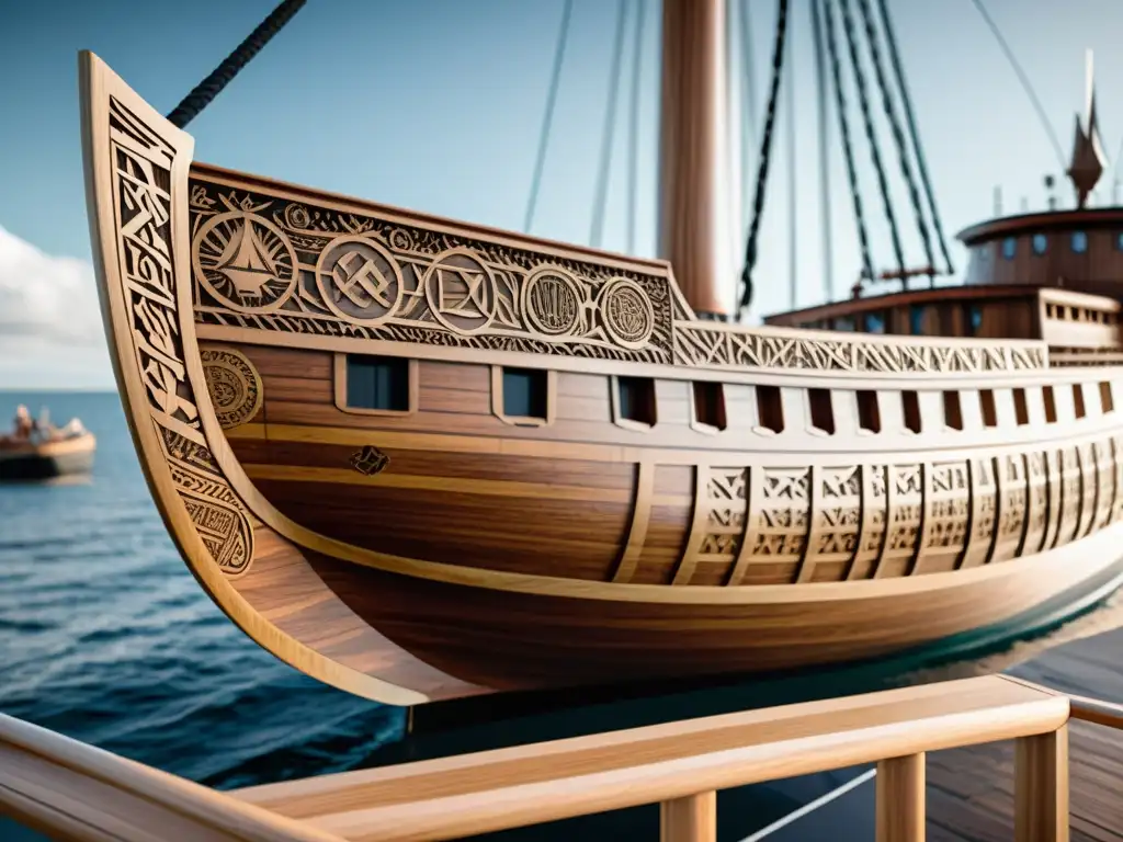 Un buque naval moderno decorado con intrincadas runas vikingas, fusionando lo antiguo con lo contemporáneo