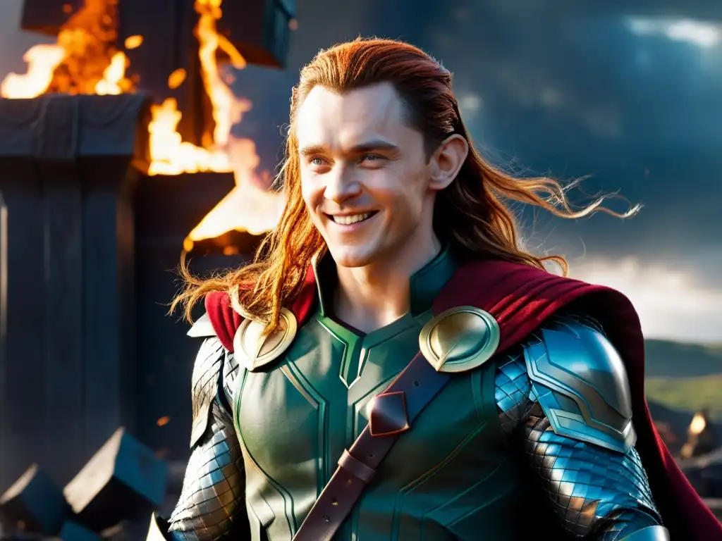 Loki, de cabello rojo, sonríe en medio de la destrucción en Asgard