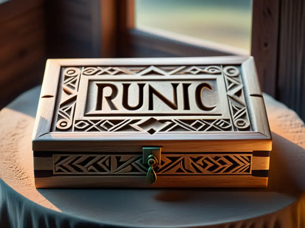 Antigua caja de madera con símbolos rúnicos iluminada por luz mística Una caja de madera con símbolos rúnicos, iluminada por luz suave