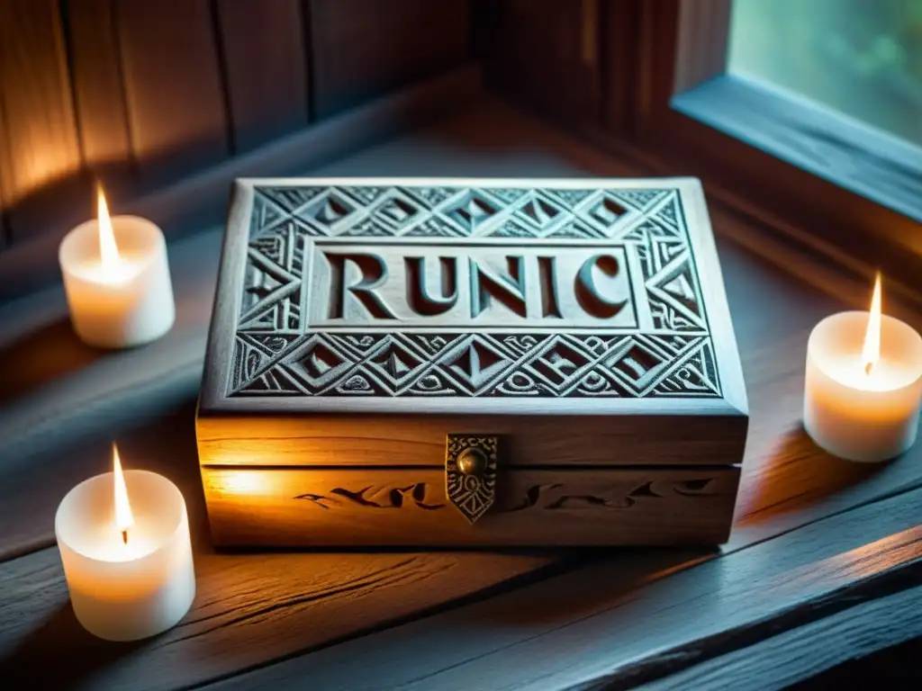 Una caja de madera tallada con runas vikingas, iluminada por velas