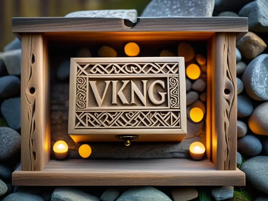 Una caja de madera tallada con runas vikingas iluminadas por luz dorada