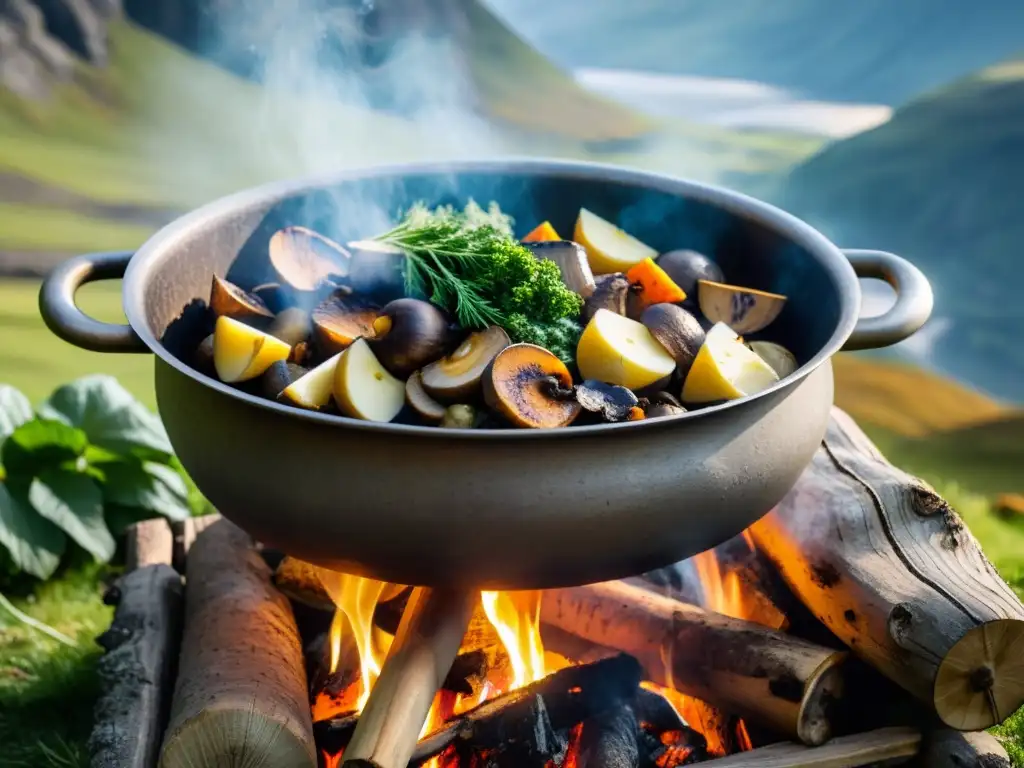 Un caldero vikingo antiguo hierve sobre el fuego, rodeado de ingredientes naturales, en un paisaje nórdico