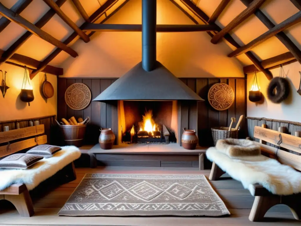 Interior detallado de casa vikinga con tallados en madera y fuego cálido Un cálido hogar vikingo lleno de detalles, con tallados en madera, piezas artesanales y una chimenea central
