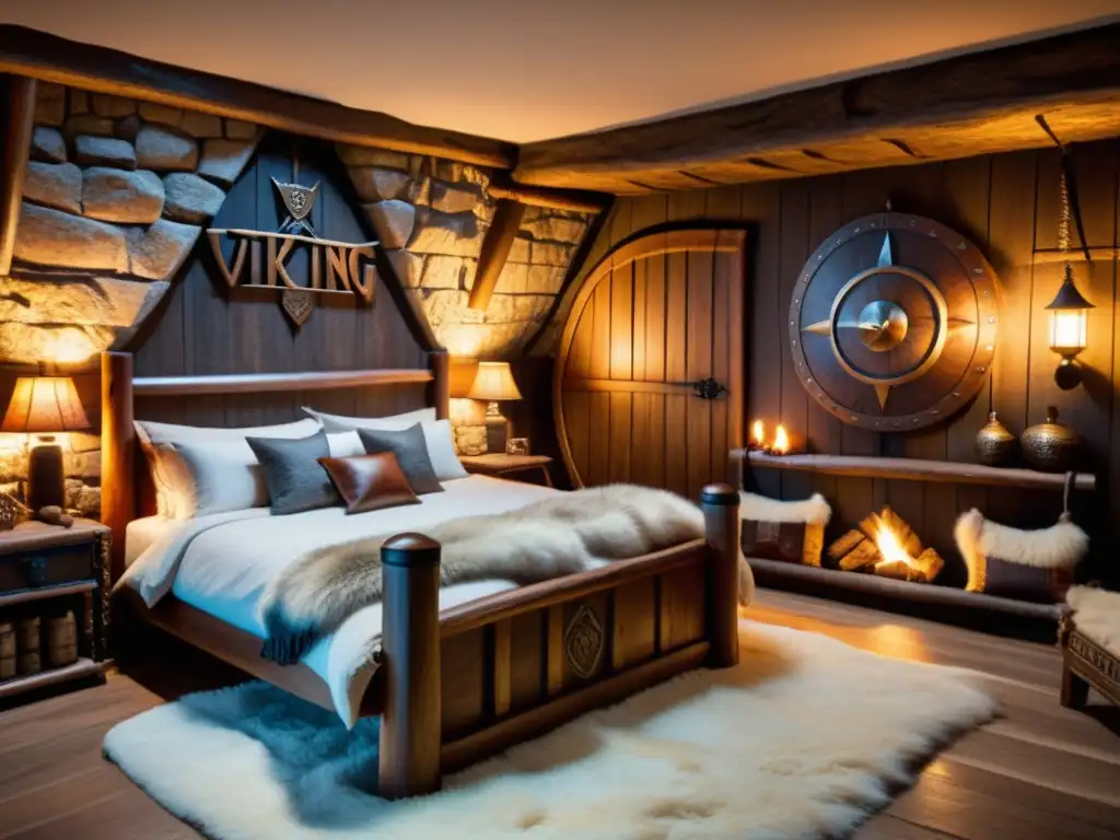 Una cama y ropa de cama vikinga en un dormitorio temático vikingo con detalles tradicionales y una atmósfera mística