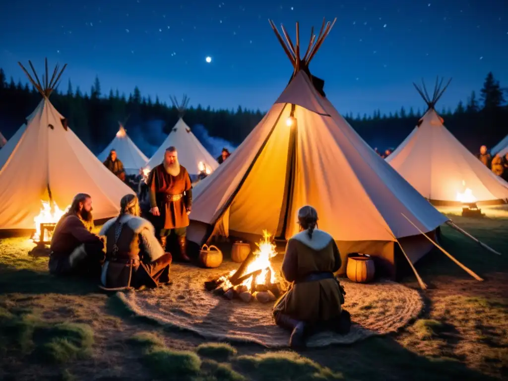 Campamento de reenactment vikingo nocturno: Reenactores vikingos alrededor de la hoguera bajo un cielo estrellado en el bosque