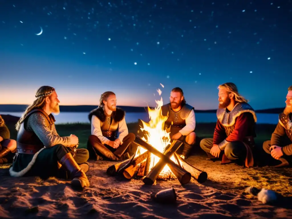 Un campamento de reenactment vikingo nocturno: guerreros alrededor de una fogata bajo un cielo estrellado