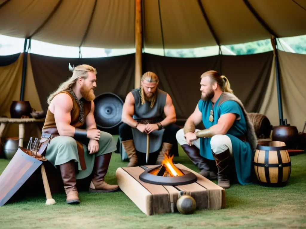 Un campamento de recreación vikinga moderna, con participantes inmersos en actividades tradicionales