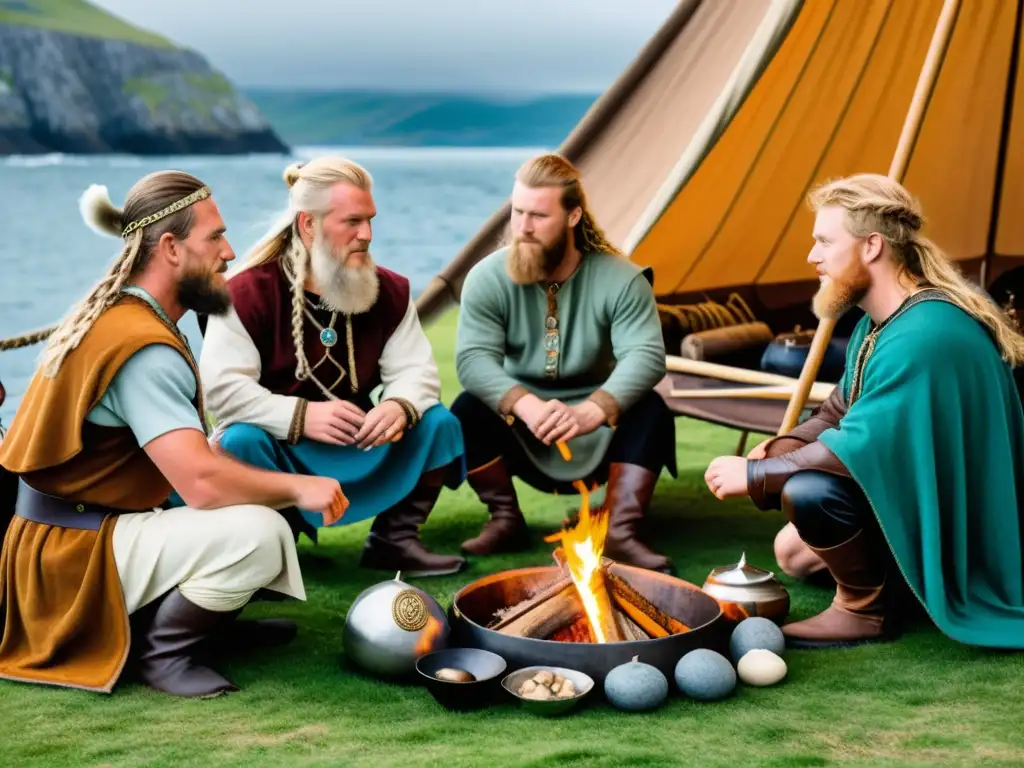 Un campamento vikingo costero lleno de vida marina: reenactores vikingos crean, juegan y cuentan historias junto al fuego