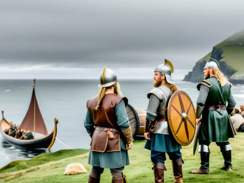 Campamento vikingo costero vida mar: Reenactores vikingos preparan un barco en la costa, bajo un cielo nublado con gaviotas