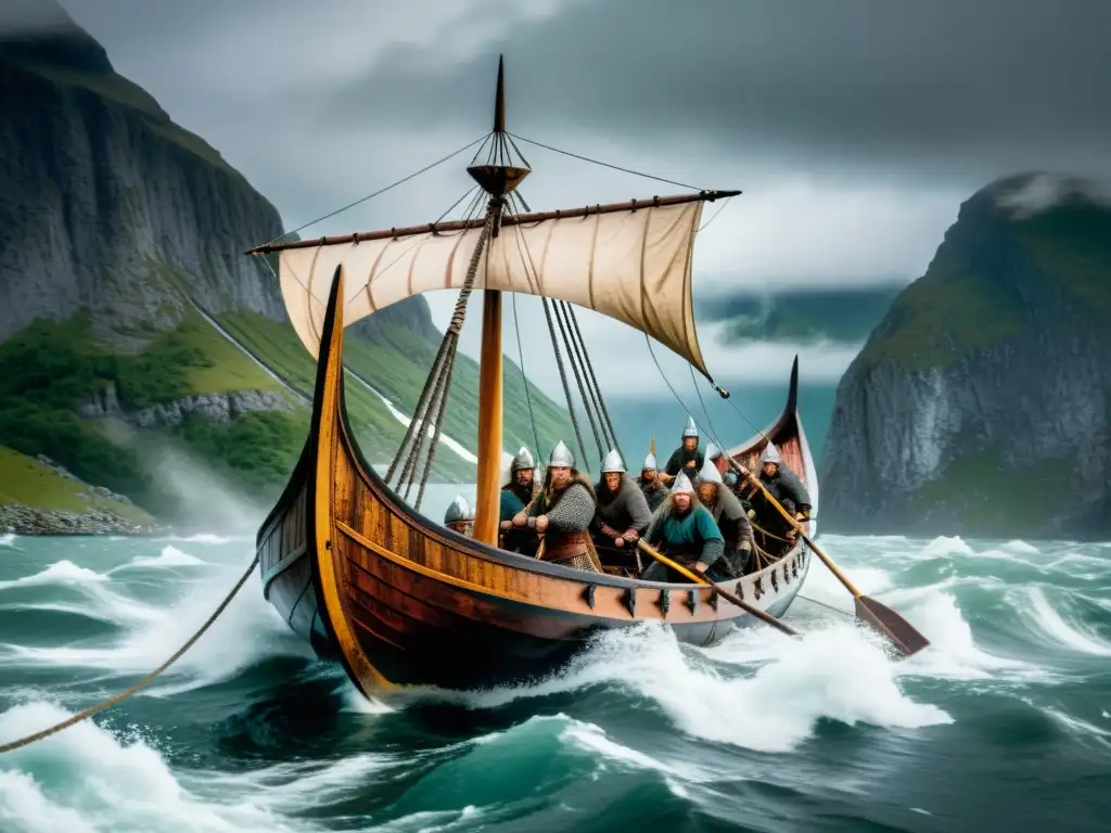 Campamento vikingo costero vida mar: Un drakkar vikingo surca aguas turbulentas en un fiordo neblinoso, tripulado por valientes guerreros