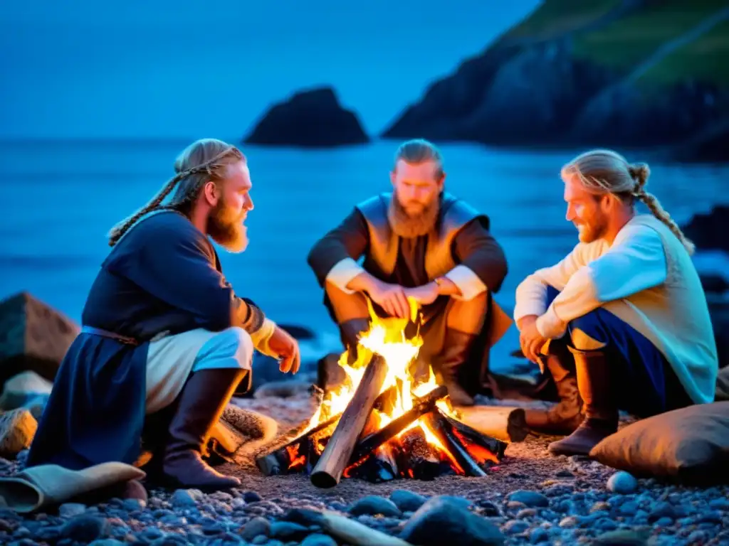 Campamento vikingo costero vida mar: Reencenadores vikingos alrededor de fogata en la playa al atardecer