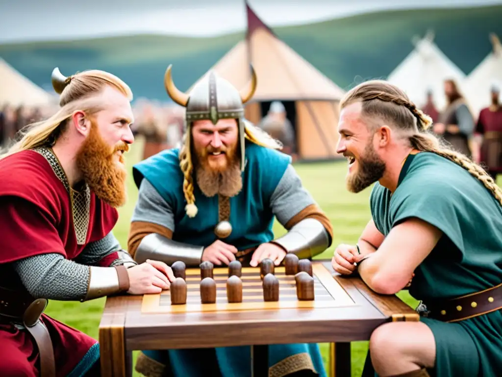 Campeonato juego Hnefatafl Vikingo: Reenactores Vikingos compiten apasionadamente en festival con longhouses y barco vikingo de fondo