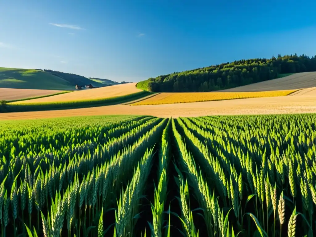 Un campo de cebada dorada extenso bajo un cielo azul, con el sol iluminando los cultivos