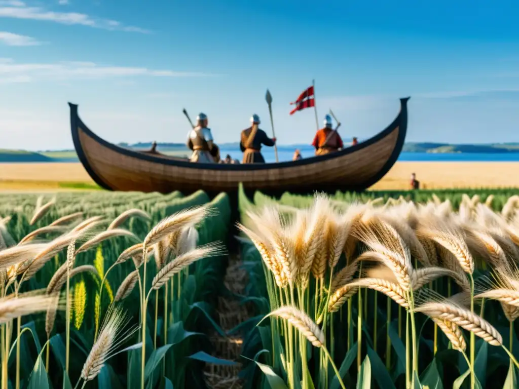 Un campo de cebada dorada con guerreros vikingos cosechando, reflejando la conexión de los Vikingos con los 'Cereales vikingos para energía sostenida'