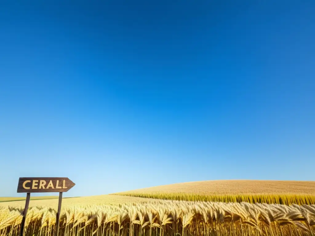 Un campo dorado de cereales antiguos bajo el cielo azul, con letrero 'Cereales Antiguos en la Dieta'