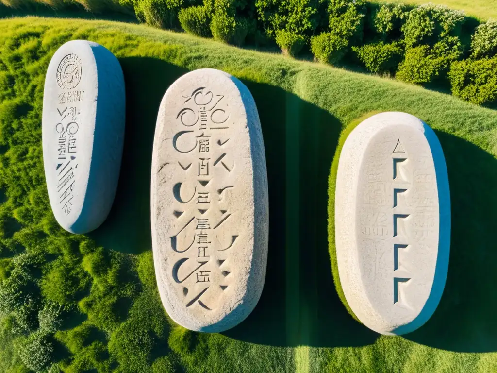 Viking runestones en un campo verde, bajo cielo azul, narrando historias antiguas