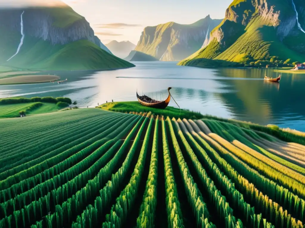 Campos vikingos al amanecer con cereales verdes y barcos tradicionales en un fiordo