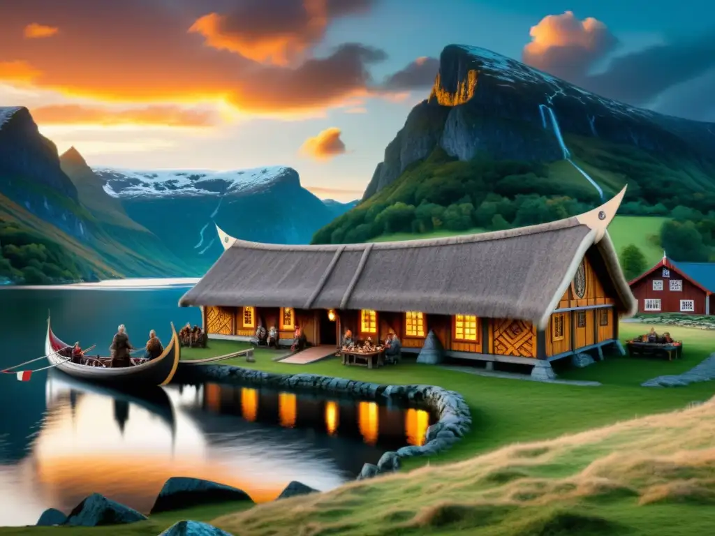 Ilustración de una casa vikinga detallada en un fiordo escandinavo al atardecer, con vikingos en un festín