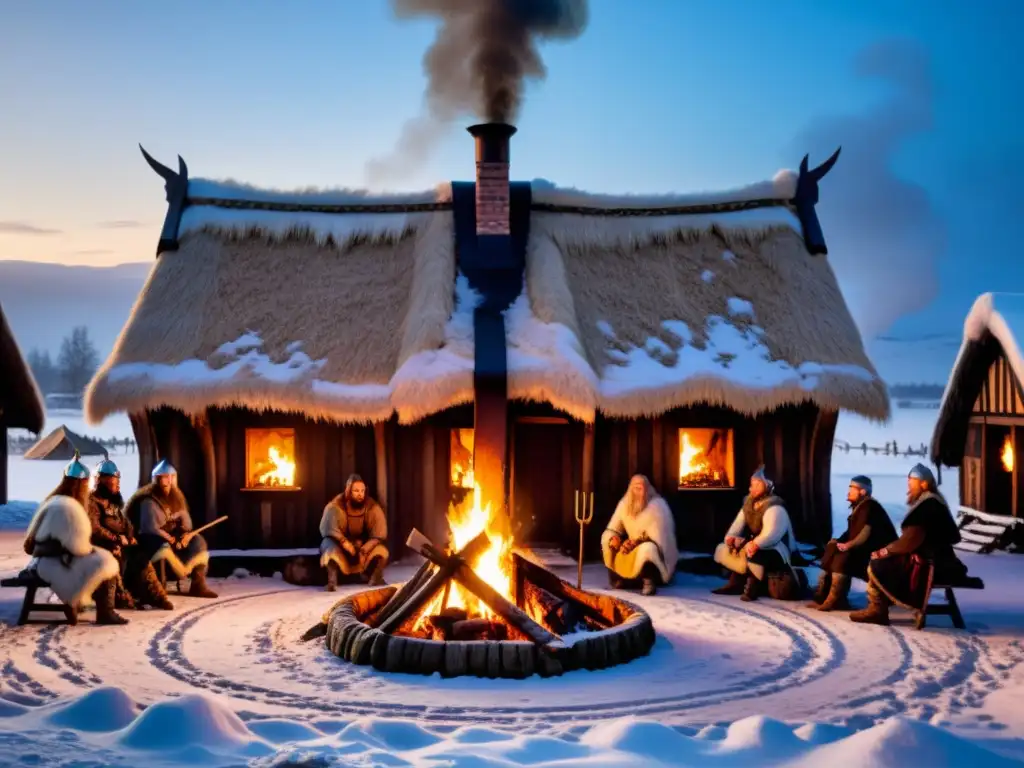 Una casa vikinga detallada iluminada por antorchas en la fría nieve, con vikingos reunidos alrededor de una hoguera