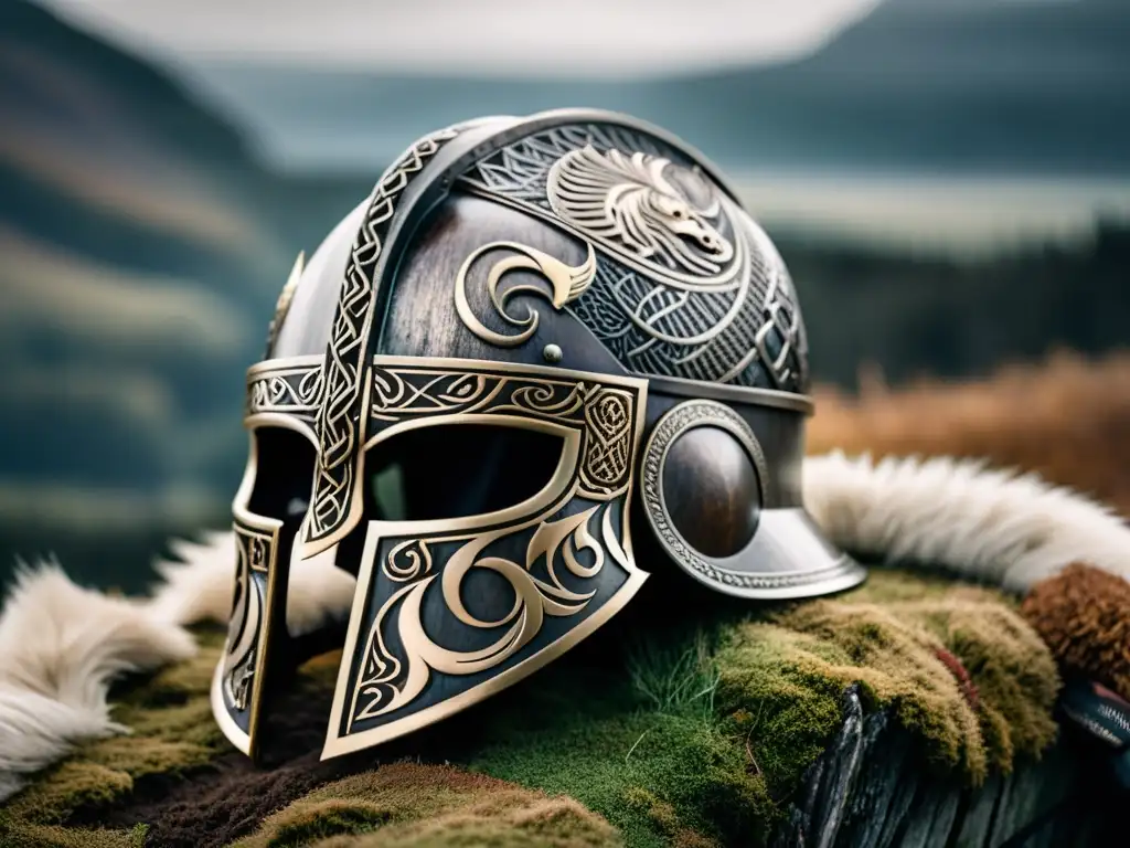 Un casco vikingo adornado con dragones y nudos, símbolos de furia vikinga, en un bosque nórdico neblinoso