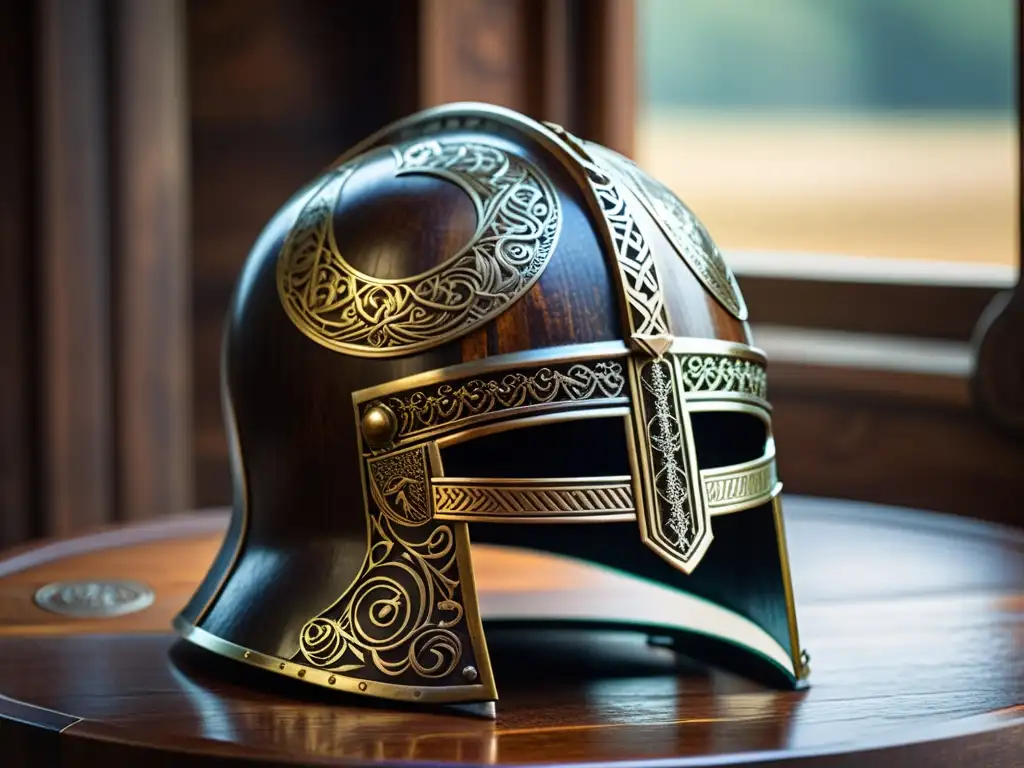 Un casco vikingo antiguo, meticulosamente tallado, con adornos de metal y grabados simbólicos, reposa en una mesa de madera envejecida