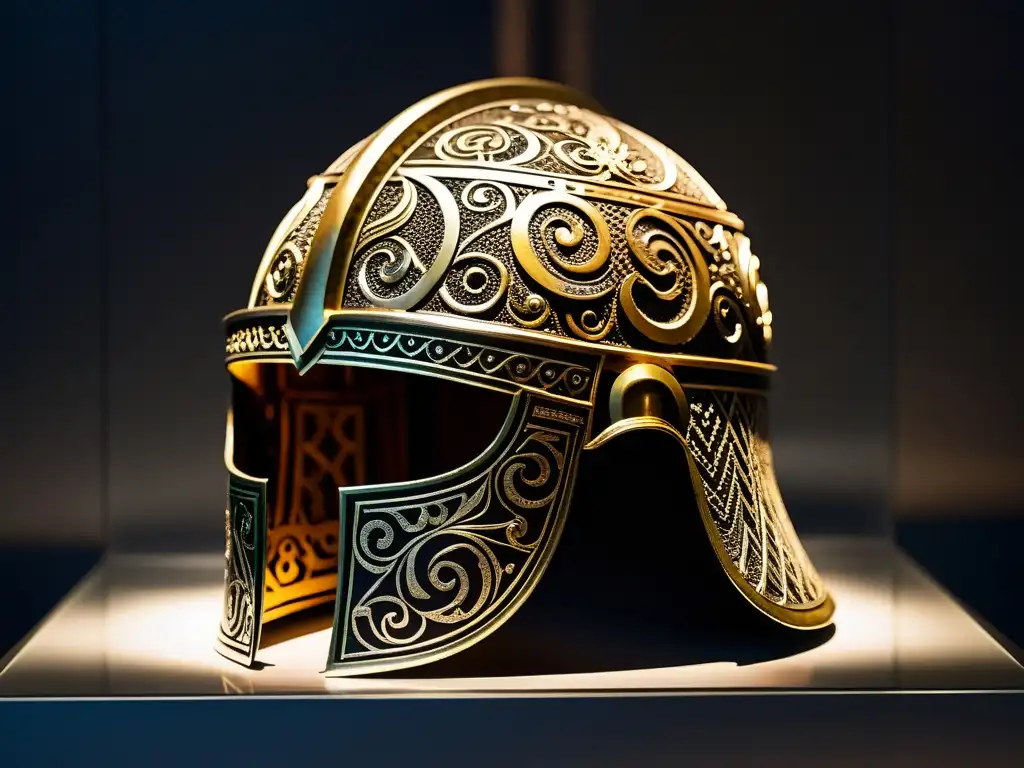 Un casco vikingo bellamente conservado en una exhibición de museo con iluminación tenue, evocando misterio y reverencia por la antigua cultura