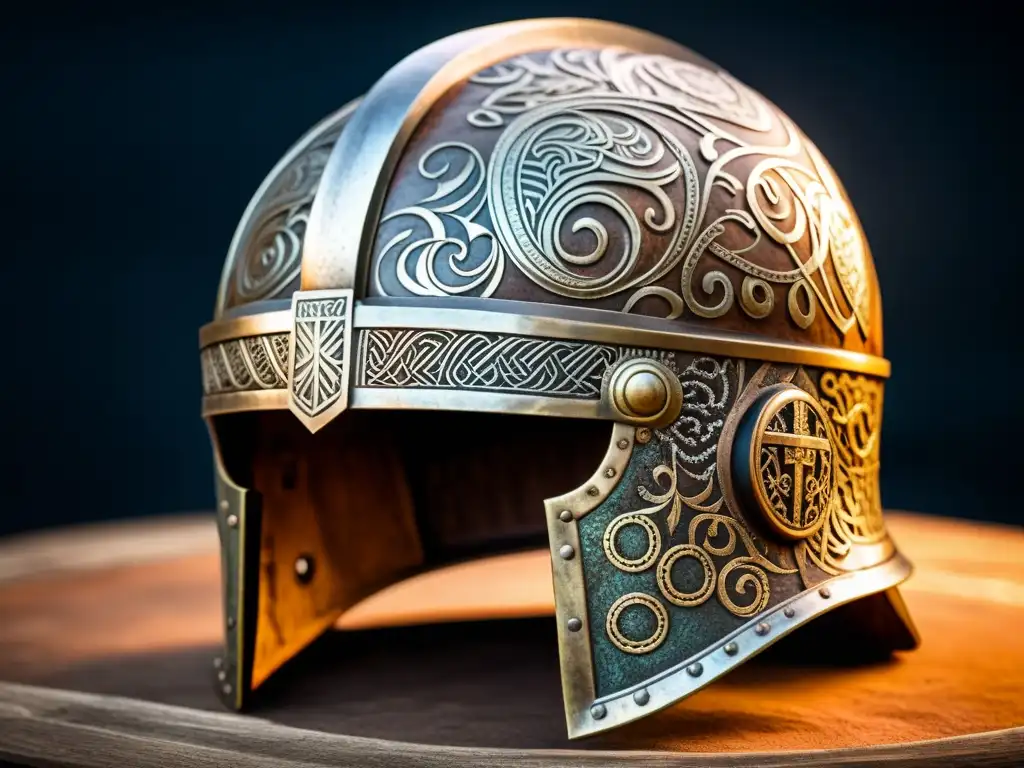 Un casco vikingo desgastado, con patrones y grabados detallados, y rastros de óxido y pátina