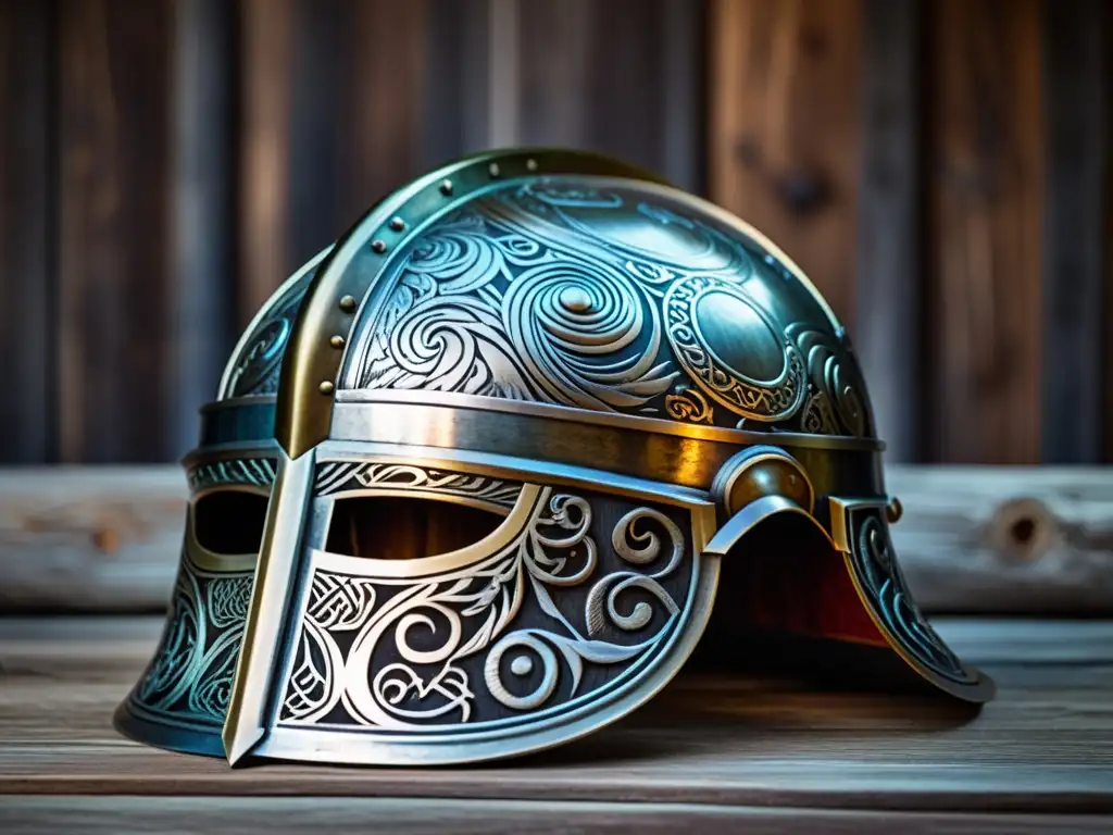 Un casco vikingo ornamentado descansa junto a armas y armaduras vikingas: historia y diseño en una cálida y antigua casa vikinga