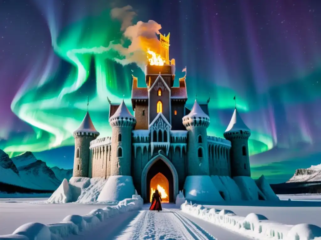 Un castillo de hielo majestuoso iluminado por la aurora boreal, rodeado de dragones y fuego