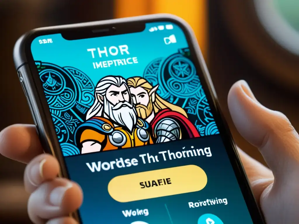 Una cautivadora app para descubrir mitología nórdica con ilustraciones detalladas de Thor y Odin en un moderno smartphone