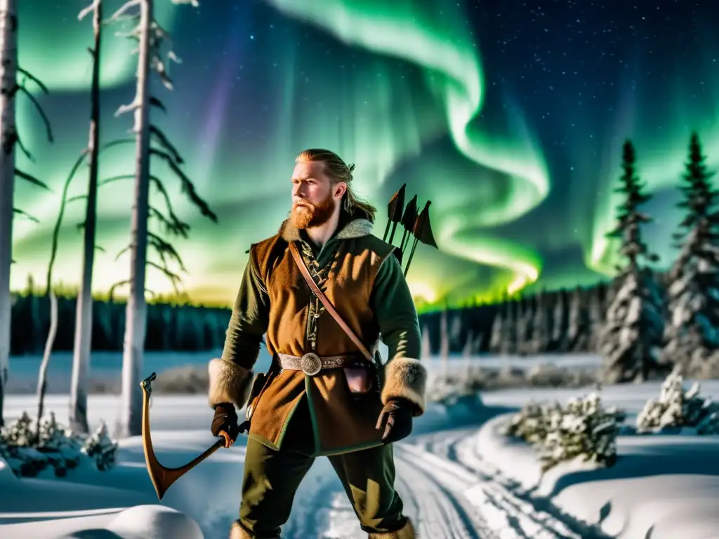 Un cazador moderno fusionando técnicas de caza vikingas en un bosque nevado bajo la aurora boreal