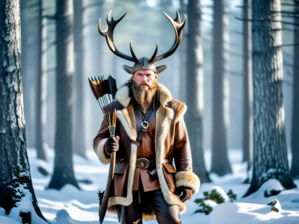 Un cazador vikingo moderno acecha sigilosamente un majestuoso alce en un bosque nevado