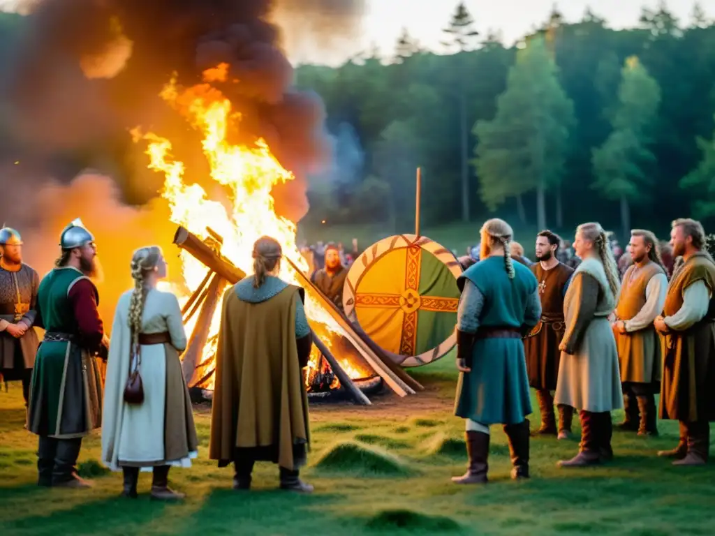 Una celebración de las estaciones vikingas en un bosque, con reenactores en trajes detallados alrededor de una fogata