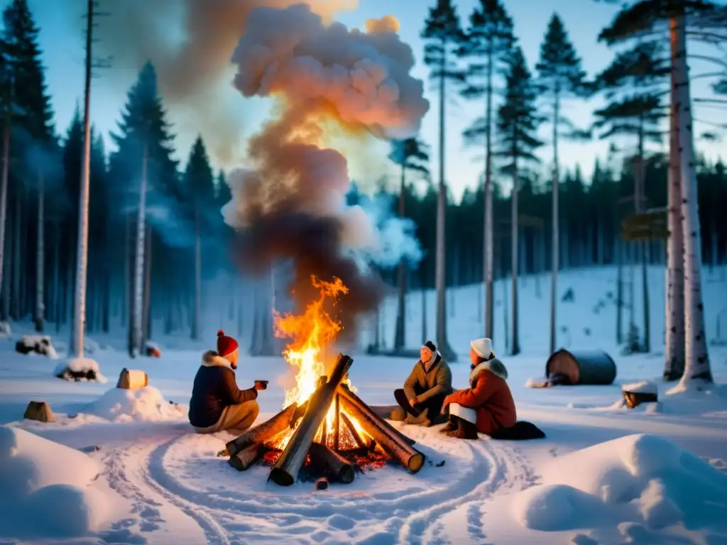 Celebración de festivales nórdicos tradiciones antiguas: grupo en atuendos tradicionales alrededor de la hoguera en el bosque nevado