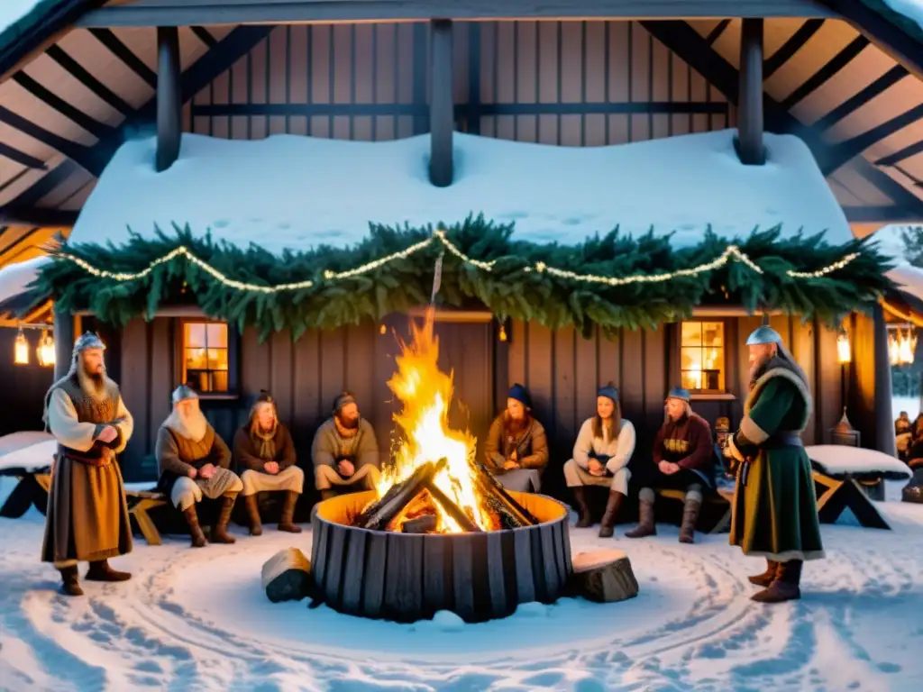 Una celebración invernal vikinga en una casa larga decorada con ramas verdes y velas, mientras se festeja alrededor de un fogón