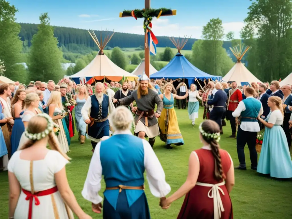 Celebración de verano en Suecia con influencia actual del Panteón Nórdico: vikingos danzando alrededor del poste de mayo