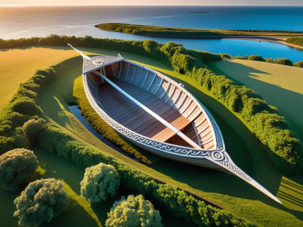 El Cementerio de Barcos Ladby Vikingos se destaca en la suave luz del atardecer, revelando un impresionante navío vikingo rodeado de la serena naturaleza de Dinamarca