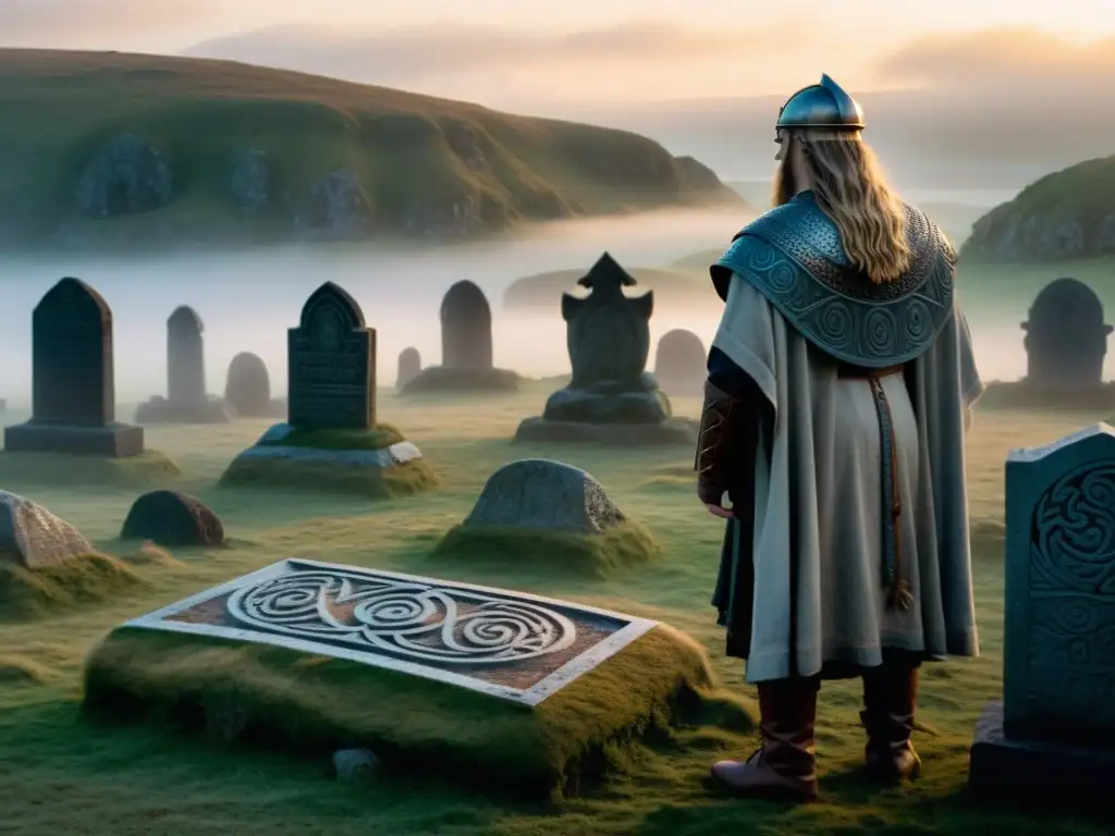 En un cementerio vikingo neblinoso al atardecer, aparecen misteriosas apariciones en enterramientos vikingos