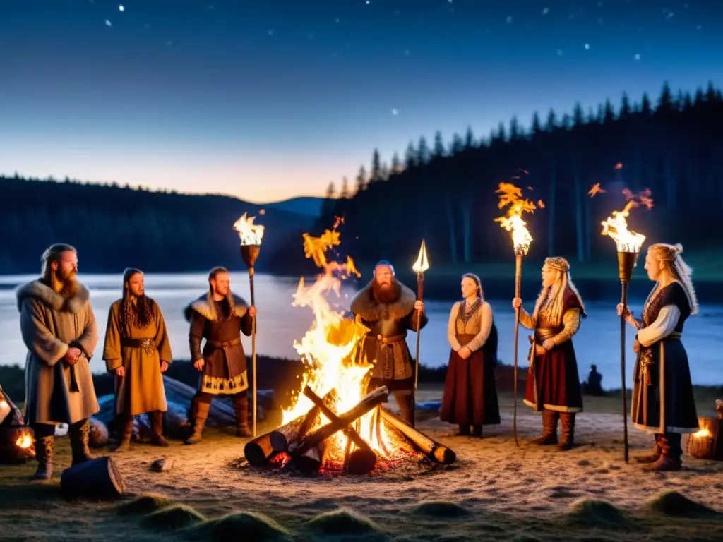 Ceremonia de Dísablót con vikingos alrededor de una hoguera en la noche estrellada del bosque ancestral