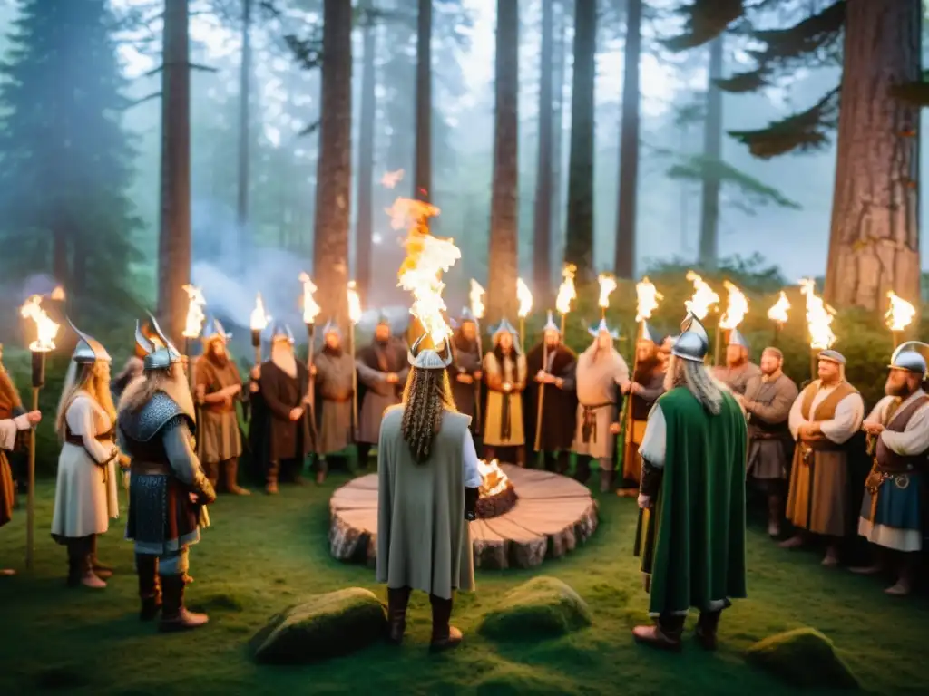 Ceremonia espiritual vikinga en la actualidad: hombres y mujeres alrededor de estatua de Odin en bosque místico con antorchas encendidas